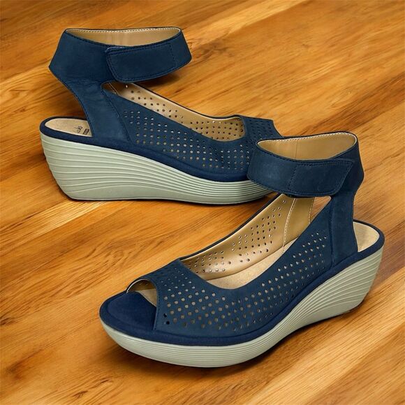 Clarks Reedly Salene Wedge Sandals Womens 8M Navy Leather Ankle Strap Peep Toe - Picture 1 of 16